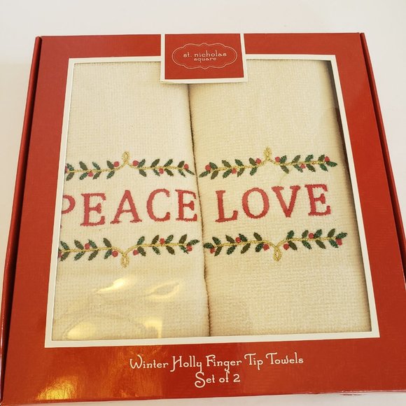 St Nicholas Square Christmas Peace Love Finger Tip Towel Set of 2 New in Box - Picture 1 of 6